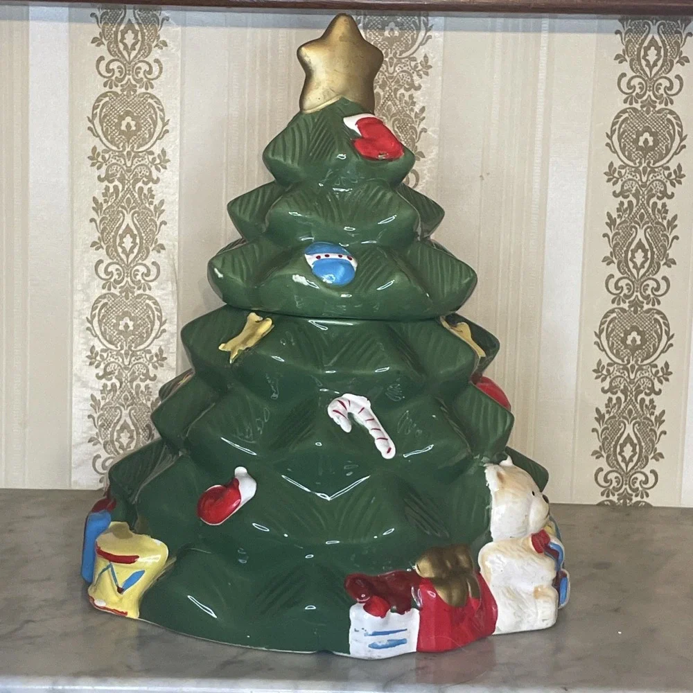 Vintage Ceramic Two Piece Christmas Tree Cookie Jar QVC Teddy Bear Star Horse